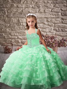 Latest Apple Green Sleeveless Brush Train Beading and Ruffled Layers Little Girl Pageant Gowns