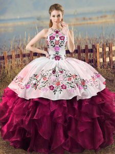 Floor Length Lace Up Quinceanera Dress Fuchsia for Sweet 16 and Quinceanera with Embroidery and Ruffles