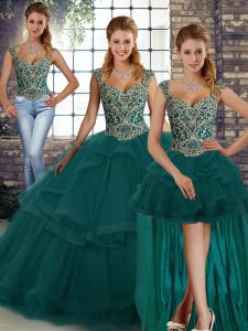 Latest Sleeveless Floor Length Beading and Ruffles Lace Up Quinceanera Dress with Peacock Green