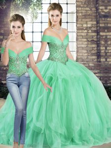 Apple Green Lace Up Off The Shoulder Beading and Ruffles Sweet 16 Dresses Tulle Sleeveless