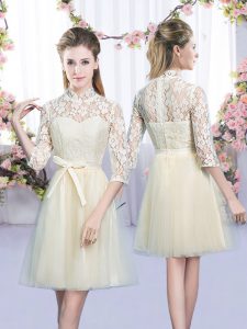 High-neck Half Sleeves Vestidos de Damas Mini Length Bowknot Champagne Tulle