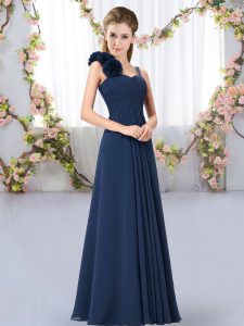 Custom Fit Navy Blue Sleeveless Hand Made Flower Floor Length Quinceanera Court Dresses