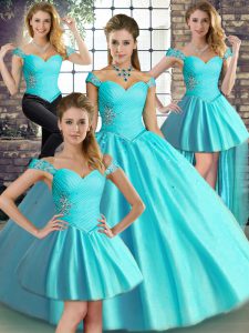 Fabulous Sleeveless Tulle Floor Length Lace Up 15 Quinceanera Dress in Aqua Blue with Beading