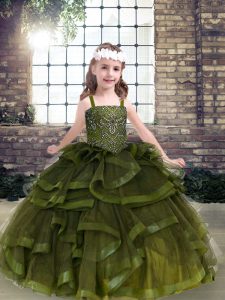 Olive Green Girls Pageant Dresses Party and Wedding Party with Beading and Ruffles Straps Sleeveless Lace Up