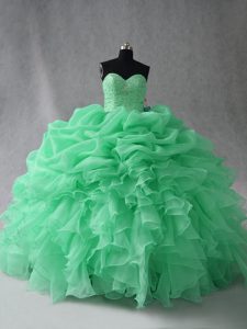 Organza Scoop Sleeveless Lace Up Beading and Ruffles and Pick Ups Quince Ball Gowns in Apple Green