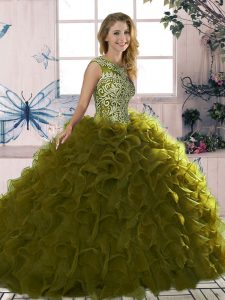 Amazing Floor Length Ball Gowns Sleeveless Olive Green Sweet 16 Dresses Lace Up