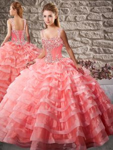 Court Train Ball Gowns 15 Quinceanera Dress Watermelon Red Straps Organza Sleeveless Lace Up