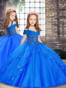 Excellent Floor Length Ball Gowns Sleeveless Blue Little Girls Pageant Dress Wholesale Lace Up