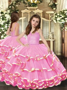 Top Selling Pink Organza Lace Up Kids Formal Wear Sleeveless Floor Length Beading and Ruffled Layers