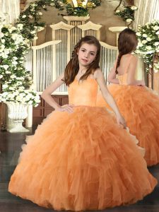 Great Straps Sleeveless Lace Up Pageant Gowns For Girls Orange Tulle
