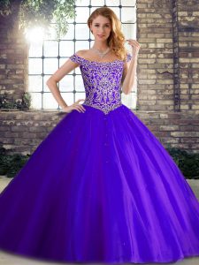 Captivating Purple Tulle Lace Up Off The Shoulder Sleeveless 15th Birthday Dress Brush Train Beading