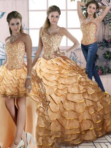 Gold Sleeveless Organza Brush Train Lace Up Quince Ball Gowns for Sweet 16 and Quinceanera