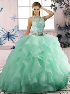Dramatic Apple Green Sleeveless Tulle Lace Up Vestidos de Quinceanera for Sweet 16 and Quinceanera