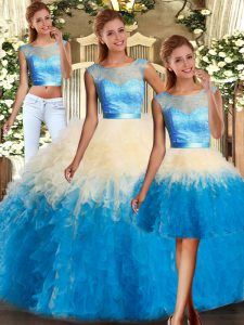 Stunning Multi-color Scoop Neckline Lace and Ruffles 15th Birthday Dress Sleeveless Backless