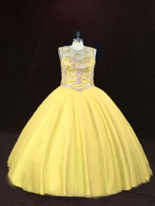 High End Gold Tulle Lace Up Scoop Sleeveless Floor Length Quinceanera Dresses Beading