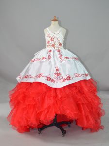White And Red Lace Up Little Girls Pageant Dress Beading and Embroidery and Ruffles Sleeveless Sweep Train