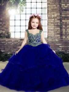 High End Straps Sleeveless Kids Formal Wear Floor Length Beading and Ruffles Royal Blue Organza