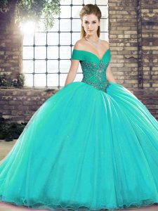 Beauteous Beading Sweet 16 Quinceanera Dress Turquoise Lace Up Sleeveless Brush Train