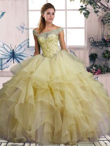 Yellow Ball Gowns Organza Off The Shoulder Sleeveless Beading and Ruffles Floor Length Lace Up Sweet 16 Quinceanera Dress