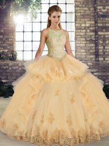 Beauteous Champagne Sweet 16 Dresses Military Ball and Sweet 16 and Quinceanera with Lace and Embroidery and Ruffles Scoop Sleeveless Lace Up