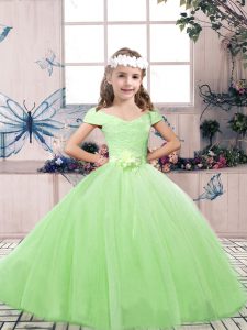 Sleeveless Floor Length Lace and Belt Lace Up Kids Pageant Dress with