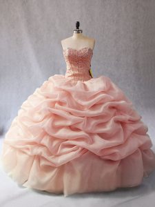 Peach Ball Gowns Organza Sweetheart Sleeveless Beading and Pick Ups Floor Length Lace Up Ball Gown Prom Dress
