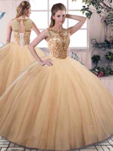 Gold Tulle Lace Up Scoop Sleeveless Floor Length 15th Birthday Dress Beading