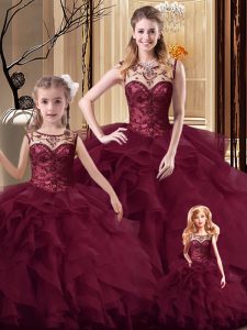 Tulle Scoop Sleeveless Brush Train Lace Up Beading and Ruffles Quinceanera Gown in Burgundy
