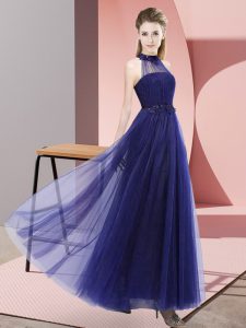 Purple Sleeveless Floor Length Beading and Appliques Lace Up Dama Dress