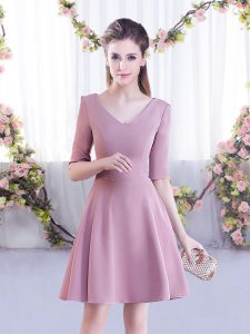 Pink V-neck Zipper Ruching Damas Dress Half Sleeves