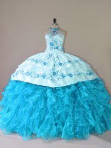 Fantastic Aqua Blue 15 Quinceanera Dress Organza Court Train Sleeveless Embroidery and Ruffles