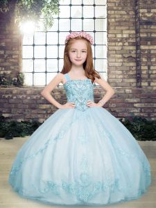 Straps Sleeveless Little Girl Pageant Gowns Floor Length Beading Light Blue Tulle