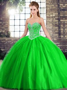 High Class Tulle Sweetheart Sleeveless Brush Train Lace Up Beading Sweet 16 Quinceanera Dress in Green