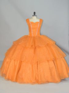 Floor Length Orange Quinceanera Gown Straps Sleeveless Lace Up