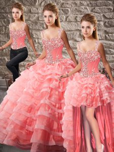 Watermelon Red Sleeveless Beading and Ruffled Layers Lace Up Sweet 16 Dress