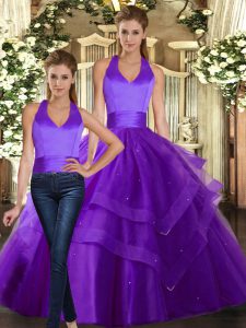 Stunning Purple Tulle Lace Up Strapless Sleeveless Floor Length Sweet 16 Quinceanera Dress Ruffled Layers