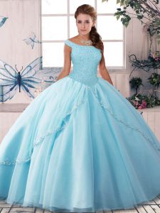 Sleeveless Beading Lace Up Quinceanera Dresses with Light Blue Brush Train