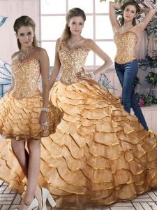 Gold Organza Lace Up Ball Gown Prom Dress Sleeveless Brush Train Beading and Ruffles