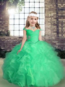 Ball Gowns Girls Pageant Dresses Apple Green Straps Organza Sleeveless Floor Length Lace Up