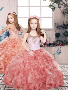 Ball Gowns Kids Formal Wear Red Scoop Organza Sleeveless Floor Length Zipper