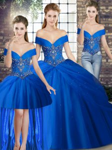 Clearance Off The Shoulder Sleeveless Quinceanera Gown Brush Train Beading and Pick Ups Royal Blue Tulle