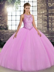 Decent Sleeveless Tulle Floor Length Lace Up Quinceanera Dress in Lilac with Embroidery