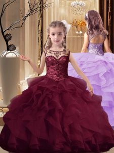 Sleeveless Organza Brush Train Lace Up Kids Formal Wear in Burgundy with Beading and Ruffles