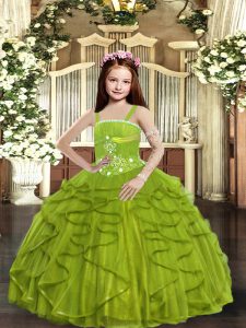 Olive Green Sleeveless Tulle Lace Up Girls Pageant Dresses for Party and Wedding Party