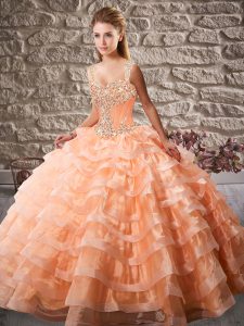 Customized Straps Sleeveless Court Train Lace Up Sweet 16 Quinceanera Dress Orange Organza