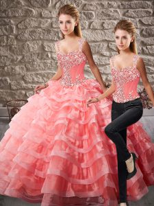 Customized Sleeveless Organza Court Train Lace Up Sweet 16 Dresses in Watermelon Red with Beading and Ruffled Layers
