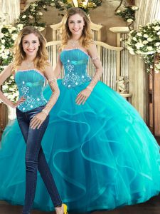 Enchanting Aqua Blue Ball Gowns Strapless Sleeveless Tulle Floor Length Lace Up Beading and Ruffles Quinceanera Dress
