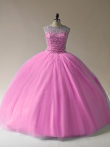 Cute Baby Pink Tulle Lace Up Sweet 16 Dress Sleeveless Floor Length Beading