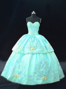 Lovely Aqua Blue Satin Lace Up Sweetheart Sleeveless Floor Length Ball Gown Prom Dress Embroidery