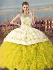 Yellow Green and Yellow Quince Ball Gowns Organza Court Train Sleeveless Embroidery and Ruffles